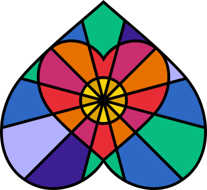 Colorful stained glass heart design with geometric shapes.