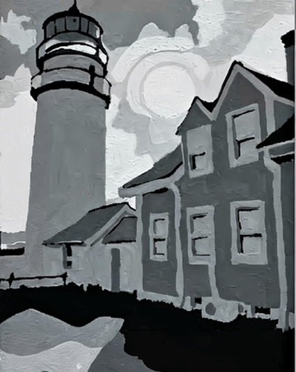 Black and white lighthouse next to a house under a cloudy sky.