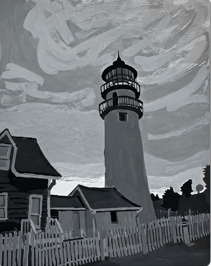 A tall lighthouse stands against a cloudy sky near small houses.