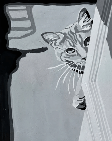 A curious cat peeks from behind a door in grayscale.